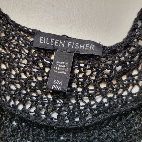 Eileen Fisher Women's Black Linen Loose Knit Scoop Neck Drop Shoulder Top Blouse - Picture 6 of 8